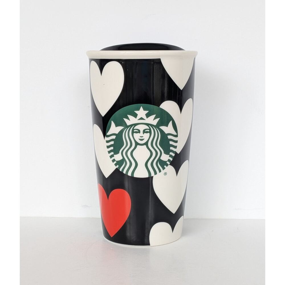 Starbucks Black Ceramic 12oz Mug W Red & White Hearts From 2015